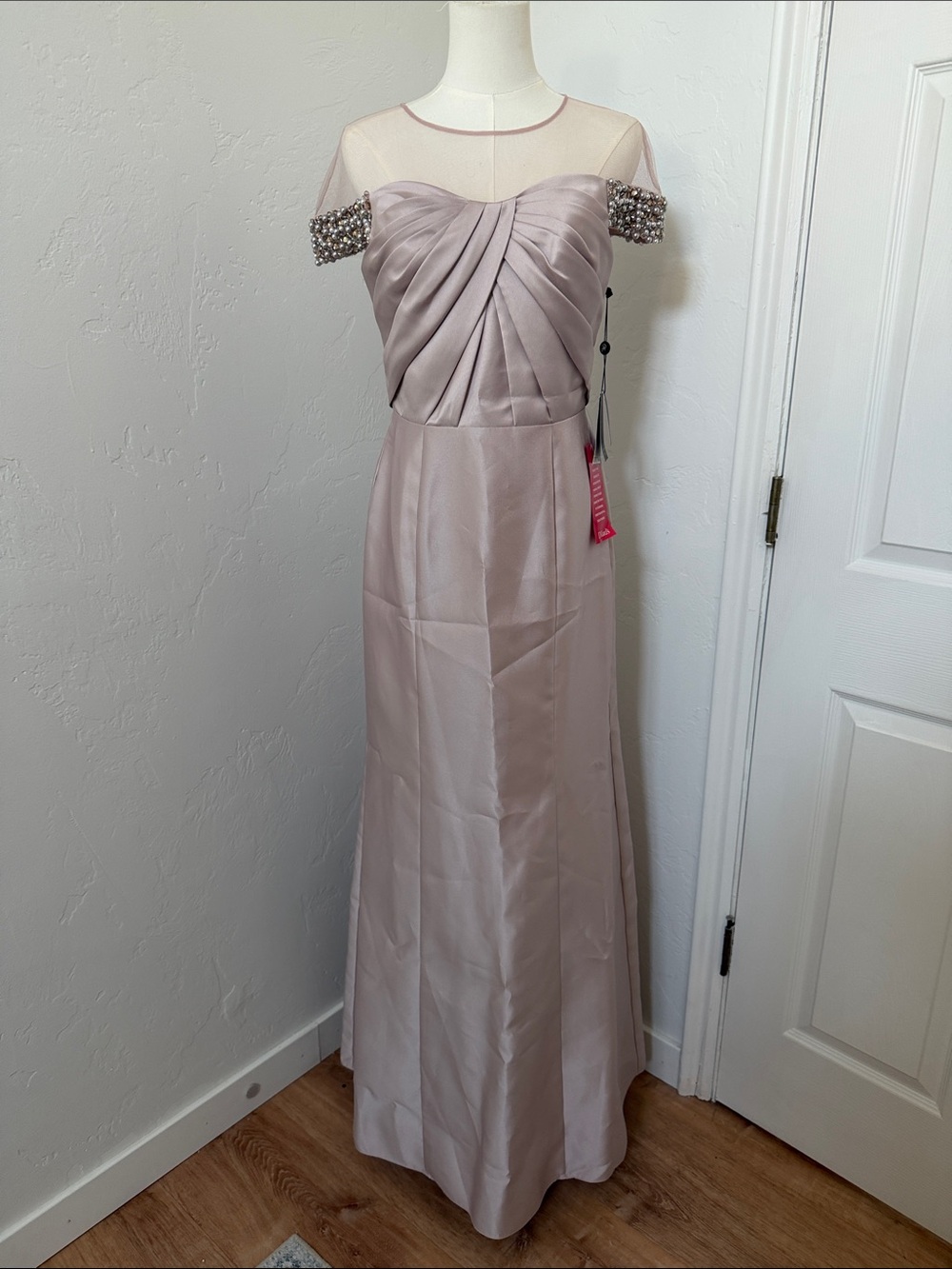 Adriana Papell Pleated Illusion Neck Formal Dress in Blush Pink